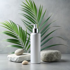 A bottle of hair foam stands next to a stone and decorative plants on a plain background