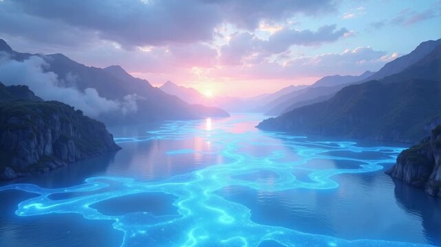 Experience an unreal glowing river flowing through a vibrant sky, a bright vision in stunning 4k video footage for your creative projects