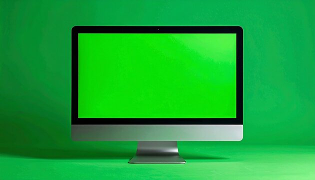A modern silver desktop computer with a vibrant green screen against a vivid green background