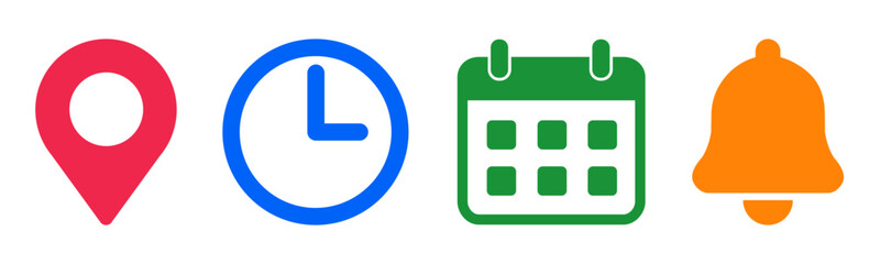 Location, time, calendar and notification bell icons set. Pin, date, clock and bell signs, business schedule signs