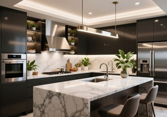 Modern kitchen with marble countertops, stainless appliances, stylish lights, and plants