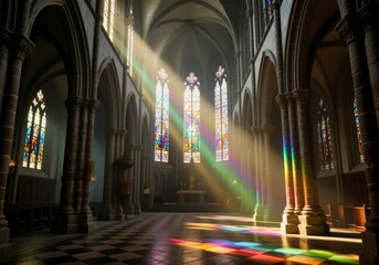 Gothic cathedral with stained-glass windows, stone arches, and colorful light beams