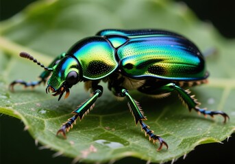 Macro of exotic beetle with green-blue iridescent shell on a leaf
