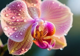 Close-up of orchid petal with dew drops in soft morning light