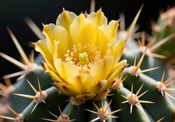 Macro of cactus flower with yellow petals and sharp spines