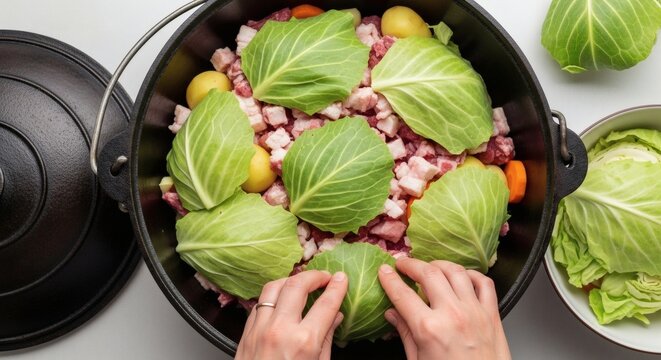 Traditional Dimlama Ingredients Layered in a Cast Iron Kazan, Top-Down