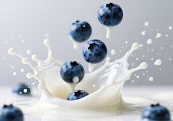 Macro of blueberries falling into milk with splashes, white background