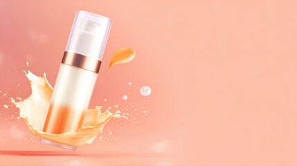 Luxury Cosmetic Pump Bottle with Orange Liquid Splash on Pink Background dispenser skincare