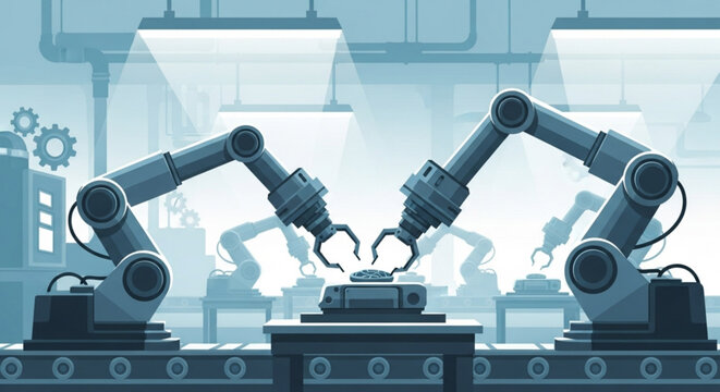 blue robotic arms assembling product clip art preview