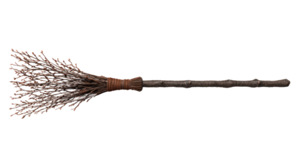 Witch broom, birch handle with bound twig bristles