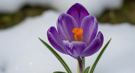 A vibrant purple crocus flower blossoms amidst a backdrop of fresh snow, showcasing delicate details and a springtime scene.