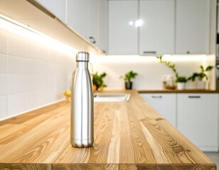 Modern kitchen countertop with stainless steel water bottle