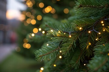 Close up of Christmas tree branches decorated with warm white fairy lights outdoors