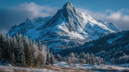 Majestic snow-capped mountain peak surrounded by frosted pine trees and a winter landscape summit