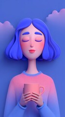 3D cartoon girl relaxing with cup of tea or coffee. Calm, mindfulness, comfort, self-care.