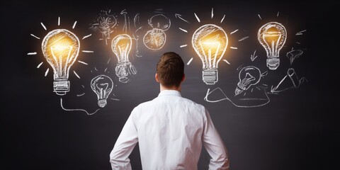 Man in white shirt facing blackboard with chalk drawings of light bulbs and ideas person