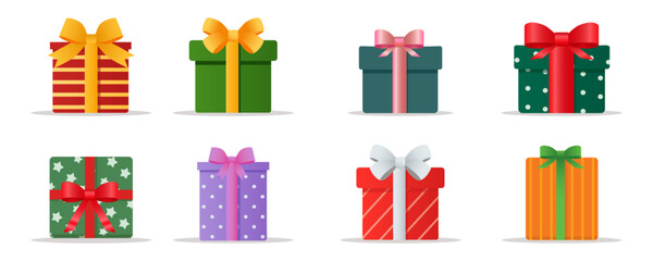 Colorful gift boxes with ribbon for decoration. A set of gift boxes of various shapes and colors for Christmas. A beautiful collection of gift boxes, vector illustration.