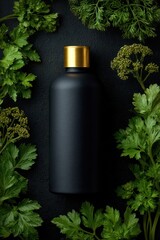 Matte Black Bottle with Golden Cap Surrounded by Fresh Green Parsley and Dill dark