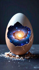 Cosmic egg cracked open revealing galaxy core, surreal cosmic breakfast, isolated scene on dark background with scattered shell, dreamy wonder