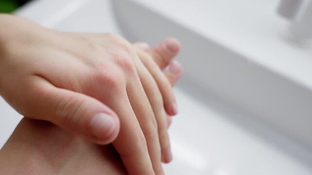 Close-up sequence demonstrating thorough handwashing technique at a bathroom sink, showing rubbing motions, lathering, and rinsing for hygiene, cleanliness, and germ prevention.