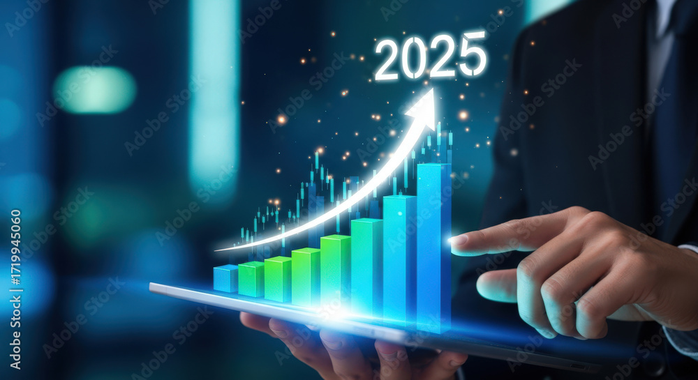Aufkleber projected growth for 2025 with hand interacting with digital graph on tablet displaying business suc