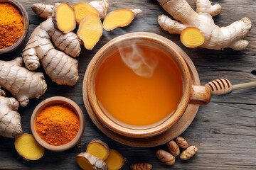Top view of a steaming pot of turmeric tea, surrounded by fresh turmeric, ginger, and honey on a wooden surface.