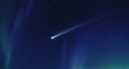 Comet streaking across a starlit night sky, with auroras