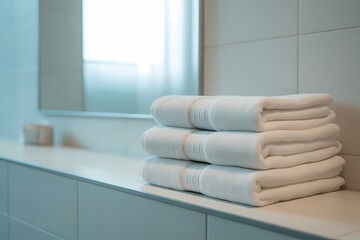 A stack of three folded white towels on a bathroom counter beneath a mirror and tiled wall area