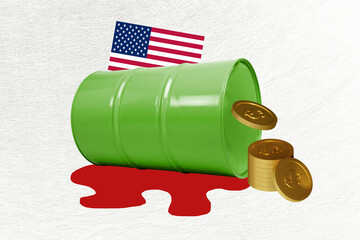Exclusive creative pop collage of oil barrel dollar inflation rice price america inflation flag...