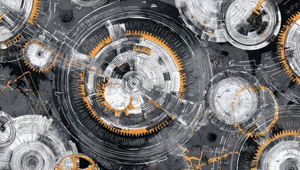 A complex, intricate design of overlapping gears and circular elements in shades of gray, white, and orange, set against a textured dark background.