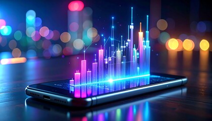 A modern smartphone displays a glowing, futuristic data visualization. Background shows blurred city lights