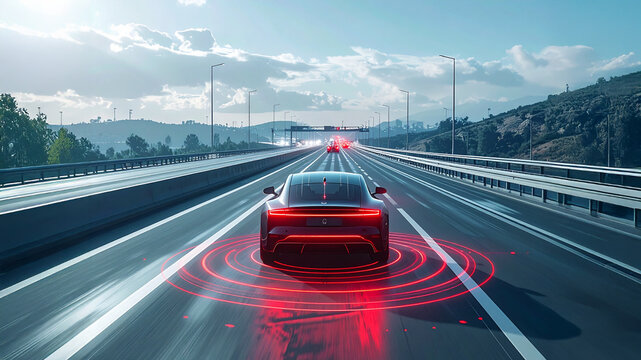 A self-driving car on a highway, emitting digital signals. This image captures autonomous technology, vehicle communication, and the future of smart transportation.