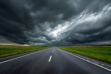 Empty Asphalt Road Extending Into Dark Clouds with Horizon Light