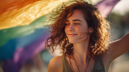 Smiling young woman holding a rainbow flag