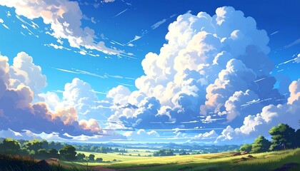 A vibrant, anime-style depiction of a sunny day with fluffy clouds dominating the blue sky over a lush green landscape