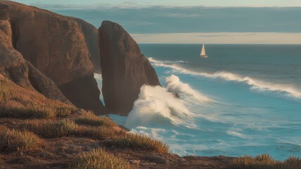 A scenic view of rocky cliffs meeting the ocean with a sailboat on the horizon under a cloudy sky