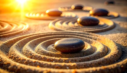 Naklejka premium Zen Garden Contemplation: A serene zen garden with meticulously raked sand patterns encircles smooth stones, bathed in the warm light of dawn or dusk. Capturing tranquility and balance.