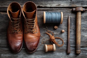 Brown Leather Work Boots with Sewing Thread and Hammer on Rustic Wooden Surface