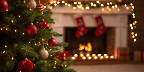 Festive Christmas Tree and Fireplace Scene with Stockings and Warm Lighting