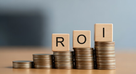 Stacked coins arranged in ascending order with wooden blocks displaying ROI, symbolizing financial growth, investment return, and economic success in a professional setting