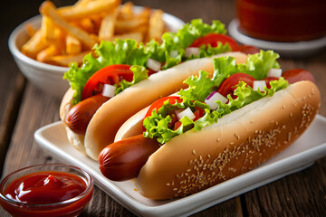 Two gourmet hot dogs with fresh lettuce tomato and onion toppings served with french fries and ketchup