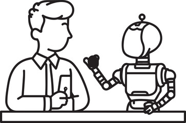 A set of clean vector illustrations showing human-robot interaction in education, work, and collaboration. EPS-ready line art for technology, STEM, and innovation themes