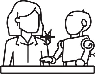 A set of clean vector illustrations showing human-robot interaction in education, work, and collaboration. EPS-ready line art for technology, STEM, and innovation themes