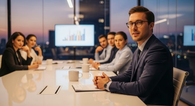 A confident businessman in a suit and glasses leads a meeting with colleagues in a modern boardroom with city views.