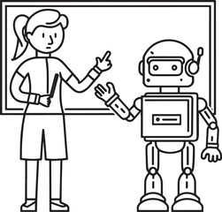 A set of clean vector illustrations showing human-robot interaction in education, work, and collaboration. EPS-ready line art for technology, STEM, and innovation themes