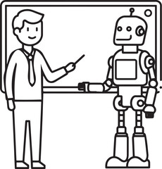 A set of clean vector illustrations showing human-robot interaction in education, work, and collaboration. EPS-ready line art for technology, STEM, and innovation themes