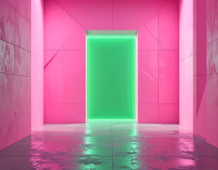 Pink futuristic hallway with a glowing green door