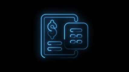Animated neon style financial bill icon depicting invoice payment and transaction details on black background