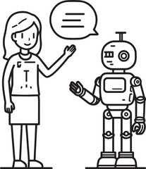 A set of clean vector illustrations showing human-robot interaction in education, work, and collaboration. EPS-ready line art for technology, STEM, and innovation themes