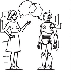 A set of clean vector illustrations showing human-robot interaction in education, work, and collaboration. EPS-ready line art for technology, STEM, and innovation themes
